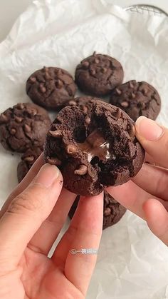 a person is holding a chocolate cookie in their hand