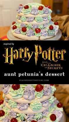 there is a large cake with flowers on it and the words harry potter behind it