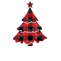 a red and black plaid christmas tree with stars on it's top, in front of a white background