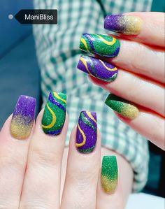 Marci Grad Nails, Mardi Gras Fingernails, Mardi Gras Nail Art, Simple Mardi Gras Nails, Madi Gras Nails, Mardi Gras Nails Acrylic, Mardi Gras Nails Ideas, Mardi Gras Nail Designs, Mardi Gras Nails Design