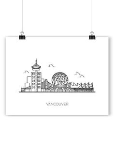 vancouver skyline in black and white with the words vancouver on it's front side