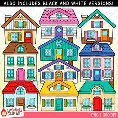 a set of cartoon houses with different colors and shapes to color on the page, also includes black and white versions