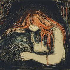 a drawing of a woman with red hair hugging her head in a dark room,