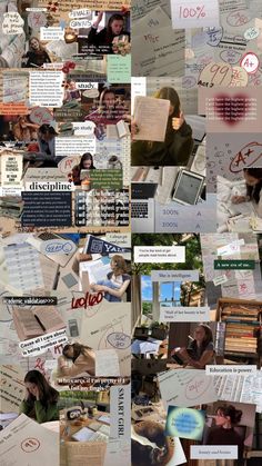 a collage of images with people writing and pictures on them, all in different colors