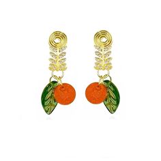 To accommodate more people, we have specially designed these earrings as a clip-on style. Each pair comes with silicone pads on the clips to ensure a comfortable fit. The summer sun fills tangerines with a sweet, fragrant aroma, and these delightful fruits can bring you joy throughout the day. Delicate little tangerines hang from gold-plated zircon leaf-shaped clips, gently swaying with your movements like ripe fruit on a branch in the cool summer breeze, adding color and sweetness to your summer look. Materials:   18k Gold-Plated Brass, Glass, zircon（Nickel Free）  Avoid exposure to harsh chemicals, such as perfume, hairspray, and cleaning agents. Store your metal jewelry in a dry and cool place to prevent tarnishing. Use a soft cloth to gently clean your jewelry after each wear to remove Ripe Fruit, Summer Color Palette, Ceramic Earring, Zodiac Gifts, Zodiac Jewelry, Cool Summer, Brass Glass, Summer Breeze, Gold Glass