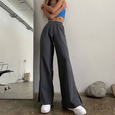 Lasaky - Loose-Fit Wide Leg Pants with Side Slit Sweatpants New Outfits 2023, Sweatpants Chic, Casual Fashion Women's, Sport Trousers, Low Waist Skirt, Split Sweater, Denim Skirt Fashion, Loose Wide Leg Pants, Split Pants