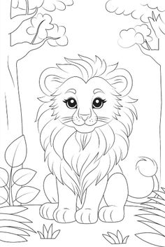 a lion sitting in the jungle with trees and grass around it, coloring page for children