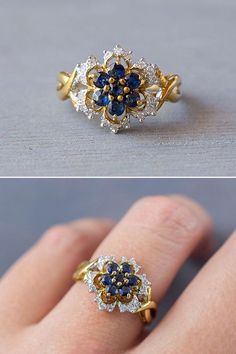 Sapphire Flower Ring, Diamond Flower Ring, Ruby Rings, Emerald Rings, Vintage Sapphire, Gold Ring Designs, Ruby Pendant, Rings Vintage, Anniversary Jewelry