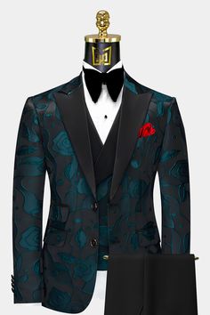 Teal Tuxedo, Creative Black Tie, Teal Suit, Suit For Men Wedding, Tuxedo Prom, Floral Suit, Custom Tuxedo, Teal Pattern, Black Tie Attire