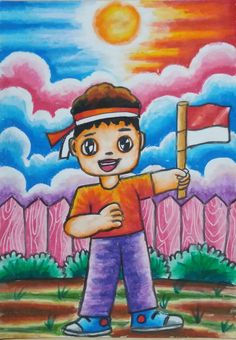 a drawing of a boy holding a flag in front of a fence with the sun behind him