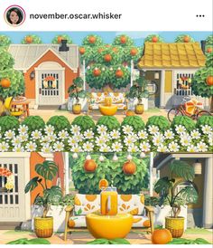 the house is decorated with oranges and white daisies in this video game scene