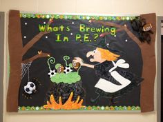 a bulletin board is decorated with an image of a witch and her cat, which reads what's brewing in pep?