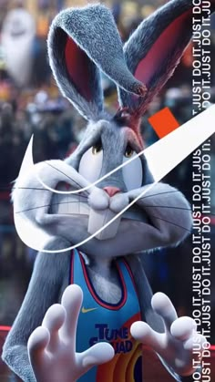 an animated rabbit is wearing a blue jersey