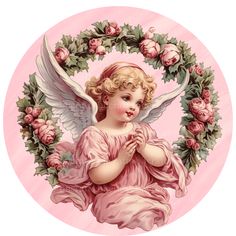 an angel with pink roses and wreath around it's neck is standing in front of a pink background