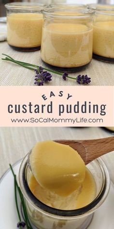 homemade custard pudding in small glass jars with wooden spoon on white plate and lavender sprigs