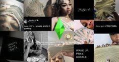 a collage of photos with words and images on them that include money, women's hair, and jewelry