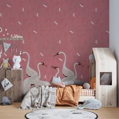 a child's room with pink wallpaper and white swan decals