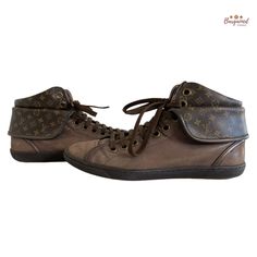 PRODUCT DETAILS: ▶Condition is Pre-owned ▶Exterior Leather: Dirt or Marks ▶Interior: Scuffs or Marks ▶Upper Material: Coated Canvas Monogram & Leather ▶Lining Material: Leather ▶Insole Material: Leather ▶Outsole Material: Rubber ▶Includes Dust Bag ▶US Size: 6 ▶EUR Size: 37 ▶UK Size: 4 ▶AU Size: 5.5 ▶Closure: Lace-Up Closure ▶Heel to Toe Drop: 9.25" Exterior ▶Platform Height: 1" ▶Date/Authenticity Code: MS0113 (2013) ▶Country/Region of Manufacture: Italy Designer Brown Sneakers With Leather Lining, Louis Vuitton Brown, Swim Suits, Monogrammed Leather, Louis Vuitton Shoes, Leather Lace, Authentic Louis Vuitton, Leather And Lace, Mens Clothing Styles