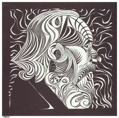 a black and white drawing of a woman's face with swirls on it