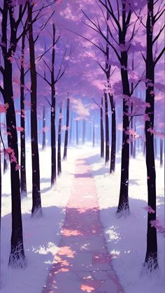 a painting of a path in the woods with purple trees and snow on both sides