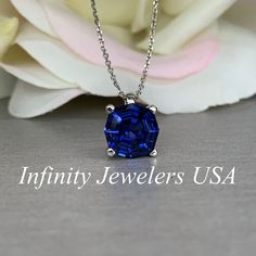 Web Cut Necklace / Blue Sapphire Necklace / Hexagon Necklace / 3.30ctw / 18" Cable Chain / 14k White Gold / #6390 #GraduationGift #DiamondNecklace #EverydayNecklace #AnniversaryGift #BirthdayGift #WeddingGift #GiftIdeasForHer #BridalGift #LadiesGift #EngagementGift Round Lab-created Sapphire Necklace With Diamond Cut, Round Diamond Cut Necklace With Lab-created Sapphire, Round Diamond Cut Lab-created Sapphire Necklace, Diamond Cut Lab-created Sapphire Necklace, Lab-created Sapphire Diamond Cut Necklace, Sapphire Necklace With Prong Setting In Sterling Silver, Sterling Silver Sapphire Jewelry Brilliant Cut, Sapphire Sterling Silver Jewelry With Brilliant Cut, Sapphire Round Pendant Jewelry For Anniversary