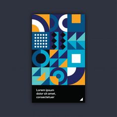 a book cover with an abstract design in blue, yellow and orange colors on a dark background