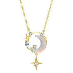 LOVCIA Crescent Moon and Star Gold Plated Sterling Silver Necklace for Women with Opalescent and Crystal Accents LOVCIA Crescent Moon And Star, Star And Moon Necklace, Silver Necklace Pendant, Shape Geometric, People Women, Silver Chain Style, Cross Chain, Necklace Chain Lengths, Bagan