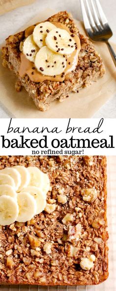 banana bread baked oatmeal is topped with sliced bananas and peanut butter on top