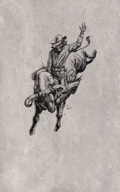 a black and white drawing of a man riding a bull with a cowboy on it