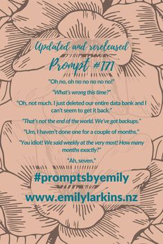 Fantastic updates of Emily's original writing prompts designed to get creative ideas flowing! #PromptsByEmily #WritingPrompts #WritingPrompt #StoryPrompts #WritingInspiration #Prompt #Prompts #StoryStarters #WritingInspiration #Prompt #Writing #CreativeWriting #CreativeWritingIdeas #EmilyLarkins #EmilyLarkinsAuthor #Preptober #AmWriting #WritersOfPinterest #ComedyPrompt #SciFiPrompt #ActionPrompt #ThrillerPrompt