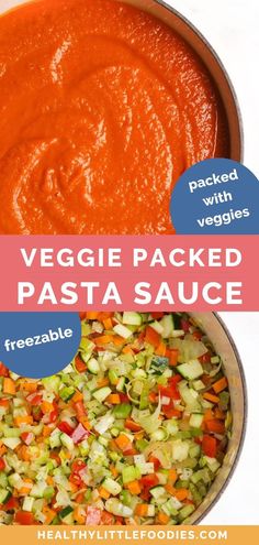 the ingredients for this veggie packed pasta sauce are shown in two separate pans