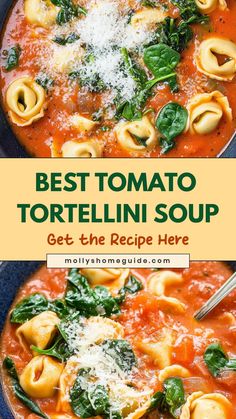 tortellini soup in a blue bowl with spinach and parmesan cheese