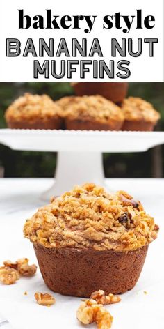 banana nut muffins on a white plate with text overlay