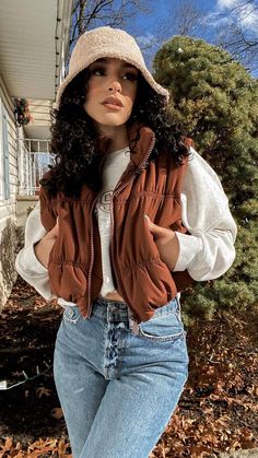 Buff Vest Outfit, Sherpa Hat Outfit, Corduroy Bucket Hat Outfit, Brown Fuzzy Jacket Outfit, Brown Courdory Jacket Outfit, Brown Sherpa Jacket Outfit, Courdory Jacket Outfit, Shearling Vest Outfit