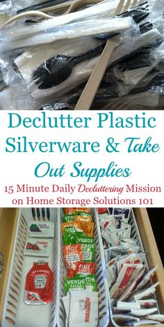 plastic silverware and take out supplies in a drawer with text overlay that reads, declutter plastic silverware & take out supplies