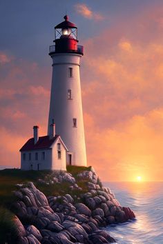 a painting of a lighthouse on top of a rocky outcropping at sunset