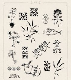 an old - fashioned tattoo design with flowers, leaves and other things in black ink