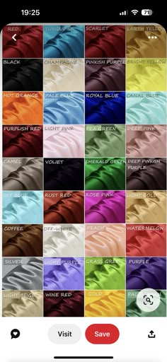 many colors of satin fabric are shown in this image, with the names below them