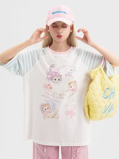 Embrace the perfect blend of cuteness and style with our adorable kitty print white T-shirt! This delightful top features a lovable kitty graphic that will melt your heart, while the contrasting blue striped sleeves add a playful touch. Crafted from high-quality, soft cotton, this T-shirt ensures all-day comfort and breathability. Whether you're heading out for a casual day with friends or simply lounging at home, this charming piece will keep you looking effortlessly cute and stylish. Pair it w White Summer T-shirt With Cat Design, White Cat Design T-shirt For Summer, White Cat Print T-shirt For Summer, Playful Hello Kitty T-shirt For Summer, Cute White Top With Character Print, Cute White Character Print Tops, Kawaii White T-shirt For Summer, Cute White Tops With Character Print, Playful Hello Kitty Print T-shirt For Summer