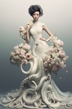 Wedding Dress With Flowers, Octopus Dress, Dress With Flowers, Conceptual Fashion, Fairy Wedding, Wedding Dresses With Flowers, Queen Fashion, Fantasy Dresses, Stunning Eyes