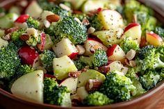 a bowl filled with broccoli, apples and almonds on top of a wooden table