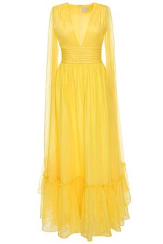 HUISHAN ZHANG-Sienna Gown- Huishan Zhang, Cape Style, What To Wear To A Wedding, Yellow Outfit, Canary Yellow, Silhouette Cut, Clothing Size Chart, Silk Chiffon, Luxury Outfits