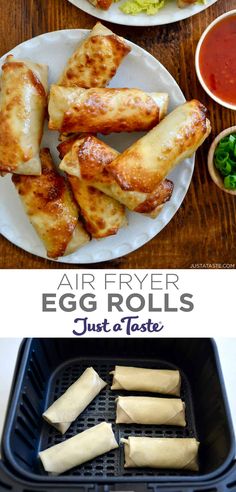 air fryer egg rolls with dipping sauce on the side and an image of fried egg rolls