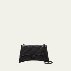 Balenciaga "Crush" wallet in quilted, crinkled calf leather  Tonal sliding chain shoulder strap Can be worn as a wallet/clutch or shoulder bag  Flap top with magnetic closure; hanging B monogram  Approx. 3.9"H x 8.7"W x 1.9"D Wipe clean Made in Italy Black Quilted Wallet On Chain For Evening, Chic Quilted Wallet On Chain, Quilted Clutch For Evening, Chic Quilted Flap Bag For Evening, Chic Quilted Evening Flap Bag, Chic Quilted Clutch For Everyday Use, Chic Quilted Wallet On Chain For Everyday, Chic Quilted Evening Clutch, Quilted Crossbody Flap Bag For Evening