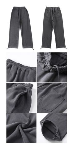 four different views of the same pants with zippers on each side and one showing how to