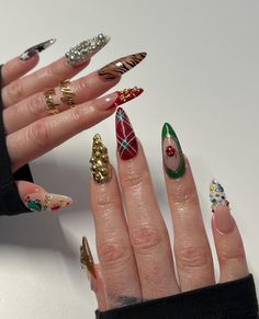 Maximalist Nails Christmas, Mix Match Christmas Nails, Christmas Maximalist Nails, Mismatch Nail Designs, Crazy Nail Designs Unique, Fancy Christmas Nails, Mismatch Nails, Mismatched Nails, Mix Match Nails