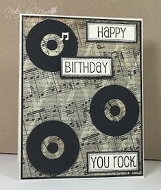 a birthday card with music notes and the words happy birthday you rock written on it