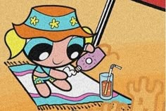 an image of a cartoon character on the beach with a drink and cell phone in her hand