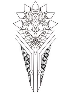 a stylized design with geometric shapes and flowers on the top, in black and white