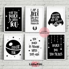 four star wars prints on a brick wall with the words, i am not here but you